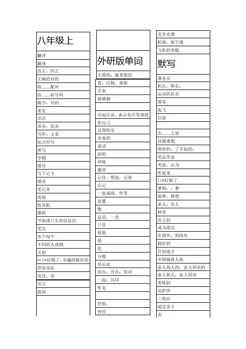 八年级上册书后英语单词表默写。【外研版】