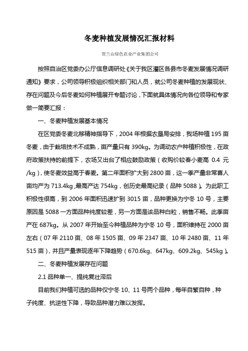 冬麦种植发展情况汇报材料