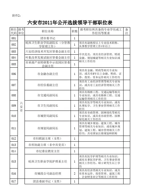 2六安市2011年公开选拔领导干部职位表xls-职位表