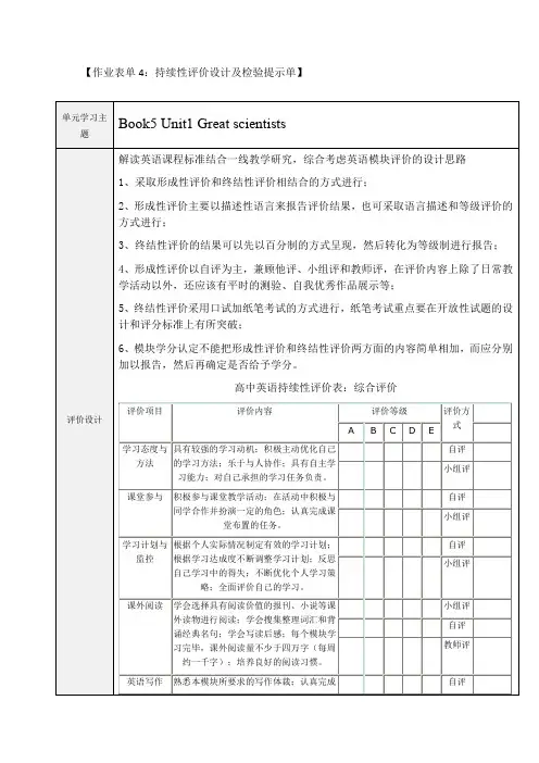 Book 5 Unit 1 Great scientists 持续性评价设计及检验提示单