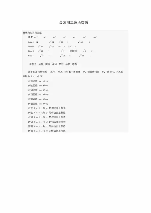 最常用三角函数值