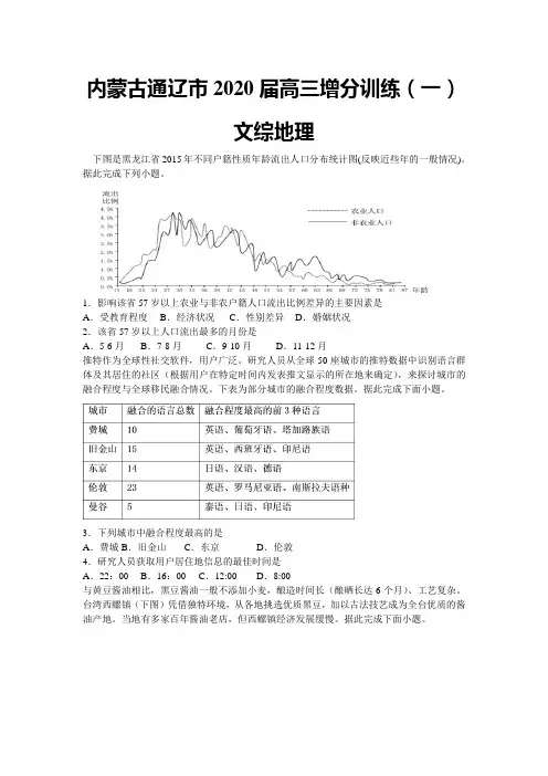 内蒙古通辽市2020届高三下学期增分训练(一)文综地理试题
