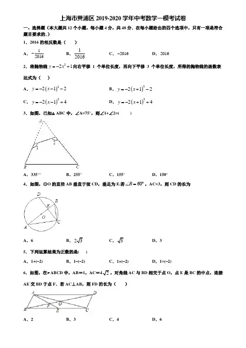 上海市黄浦区2019-2020学年中考数学一模考试卷含解析