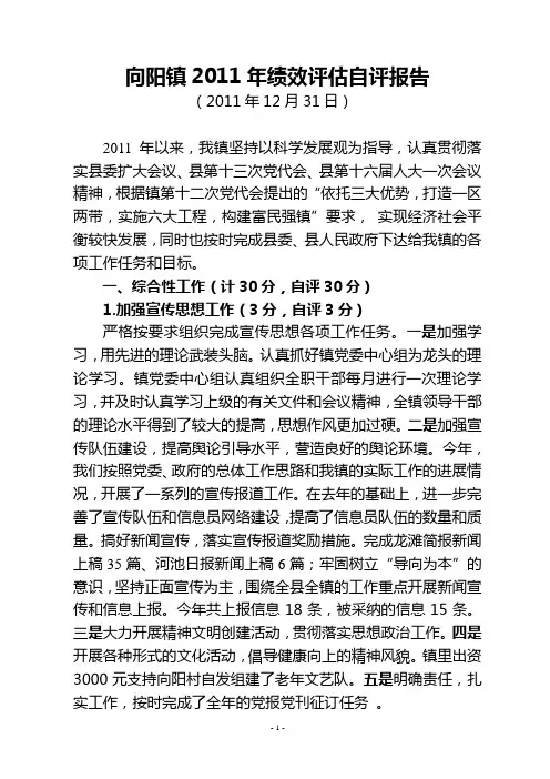 2011向阳镇绩效考评自评报告(最新)