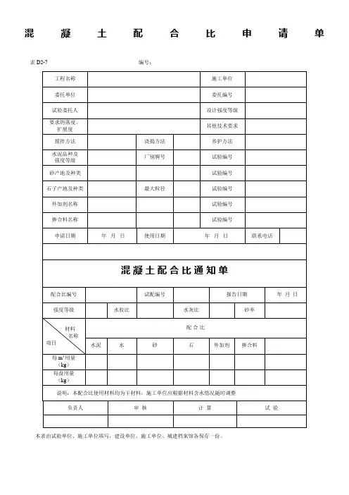 混凝土配合比申请单