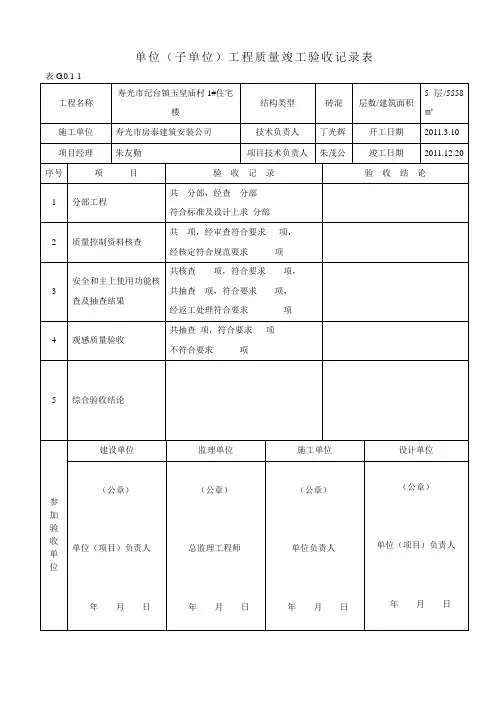 单位(子单位)工程质量竣工验收记录表[1]