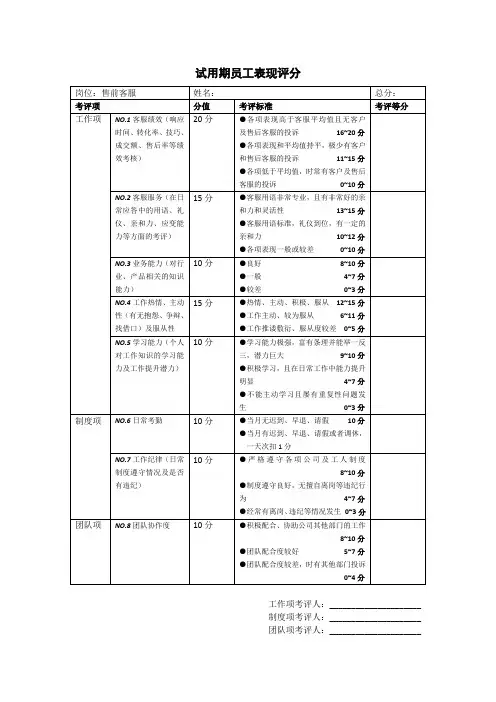 试用期淘宝客服考评表格(售前客服)