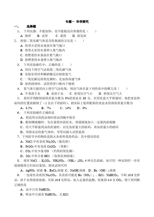 (word完整版)鲁教版九年级化学中考专项专题一科学探究练习