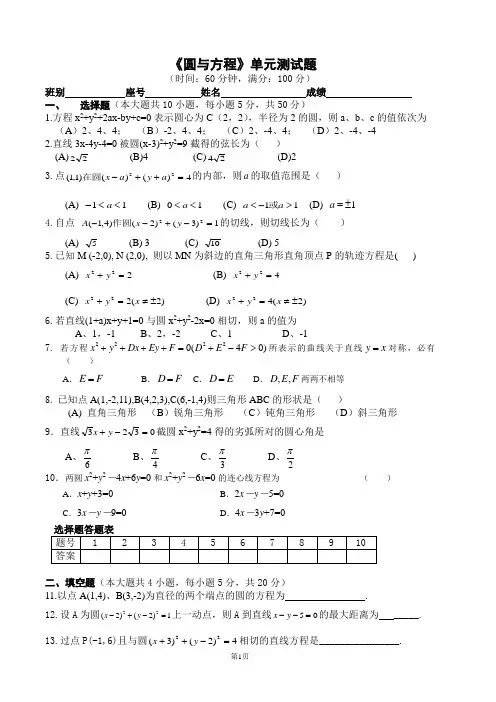 《圆与方程》单元测试题及答案2