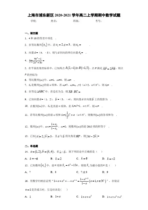 上海市浦东新区2020-2021学年高二上学期期中数学试题