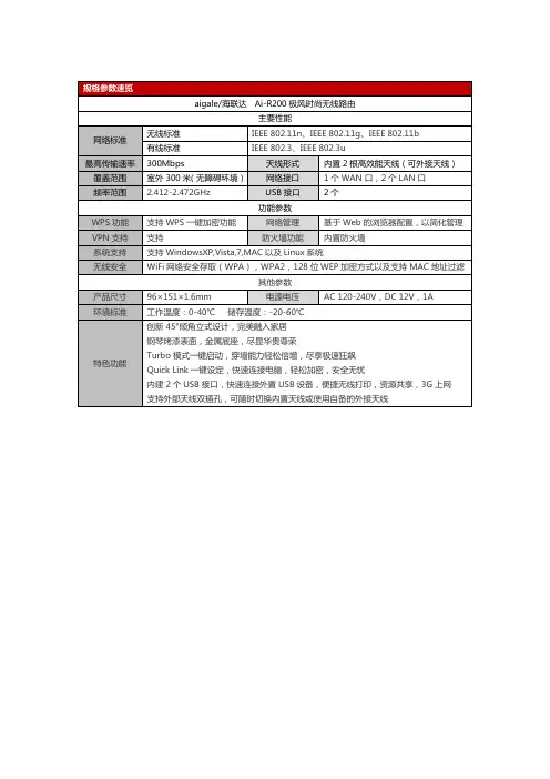 路由器产品规格参数