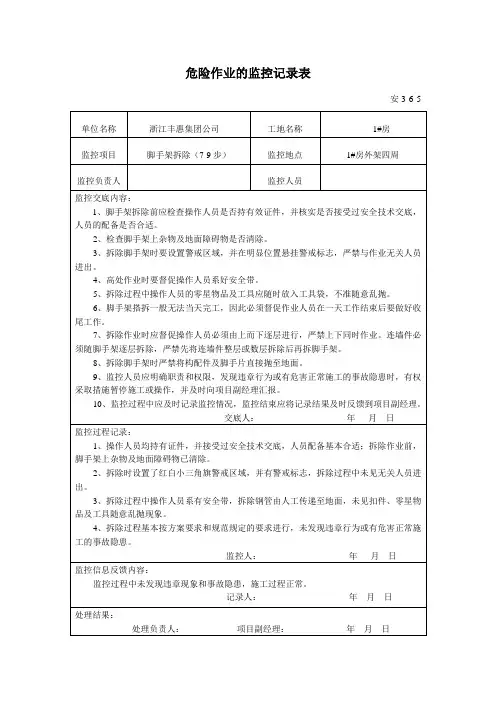 危险作业的监控记录表 2