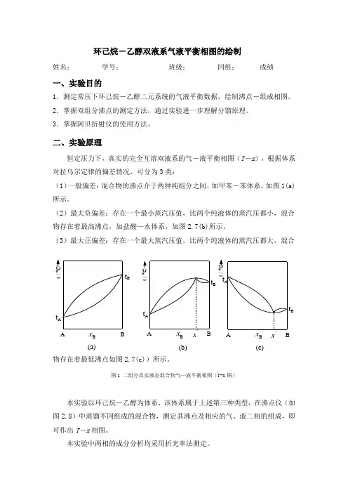 乙醇-环己烷气液平衡相图的绘制实验报告