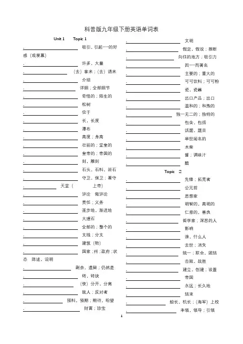 科普版九年级下册英语单词表