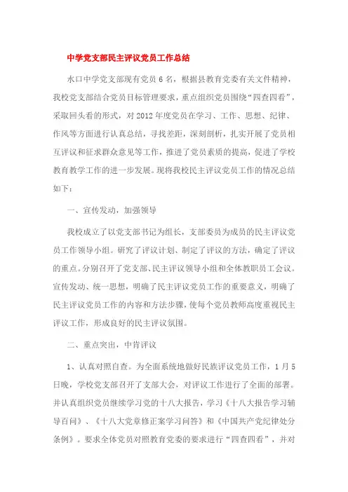 中学党支部民主评议党员工作总结