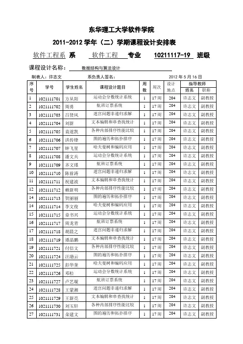 《数据结构与算法设计》课程设计安排表10211117-19