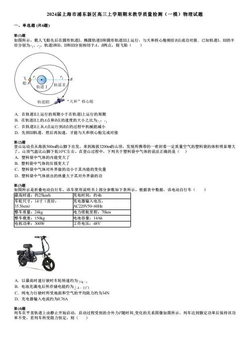 2024届上海市浦东新区高三上学期期末教学质量检测(一模)物理试题