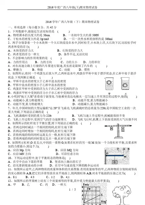 2016年度广西八年级(下)期末物理试卷