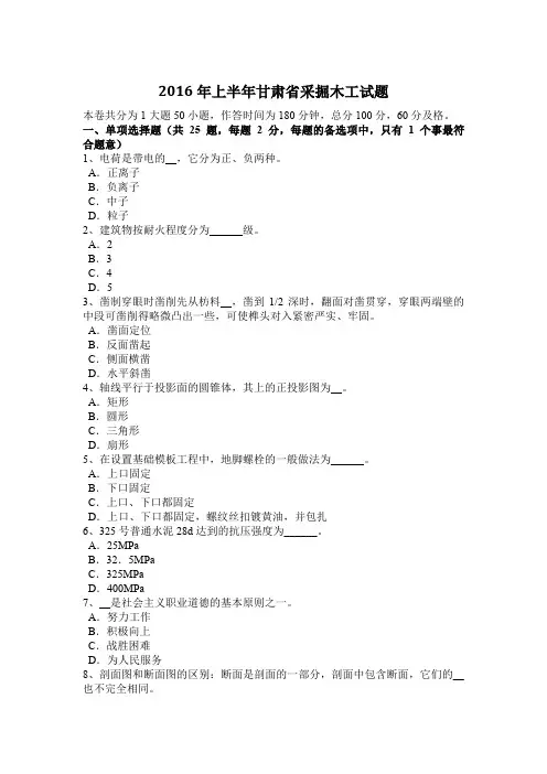 2016年上半年甘肃省采掘木工试题