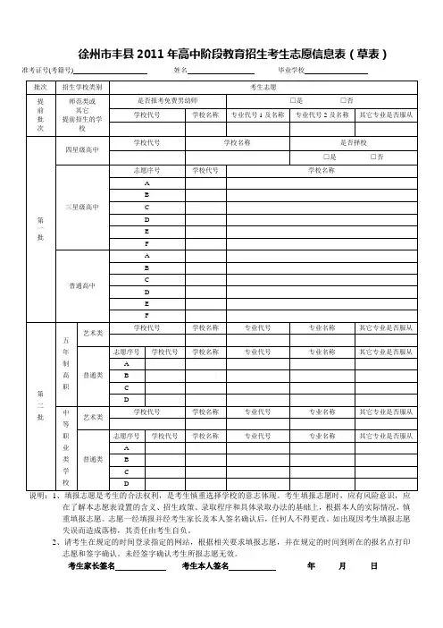 2011年高中阶段教育招生考生志愿信息表
