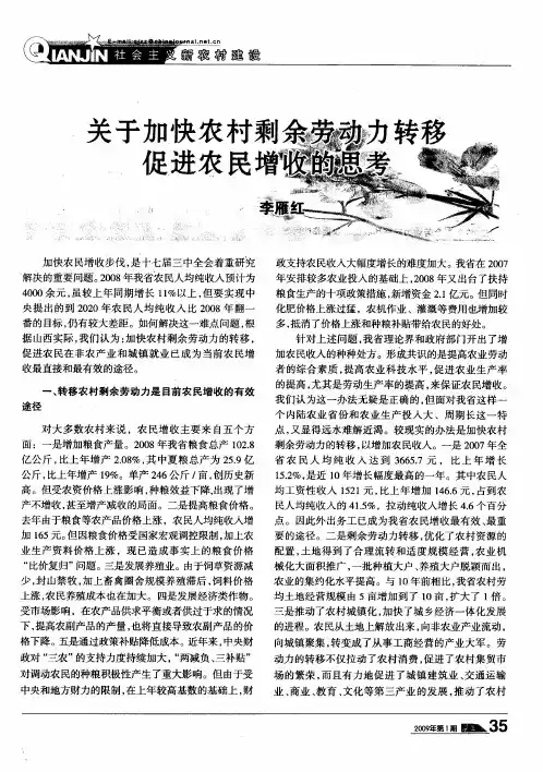 关于加快农村剩余劳动力转移促进农民增收的思考
