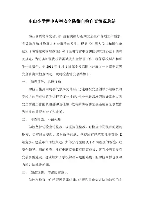 东山小学雷电灾害安全防御自检自查情况总结