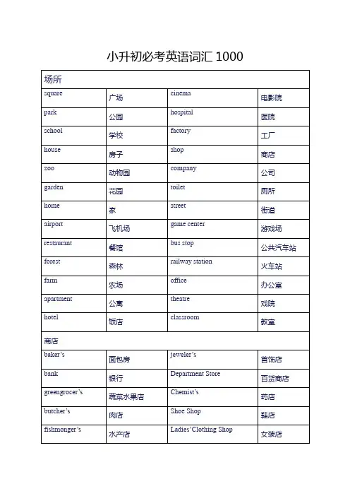 小升初必考英语词汇