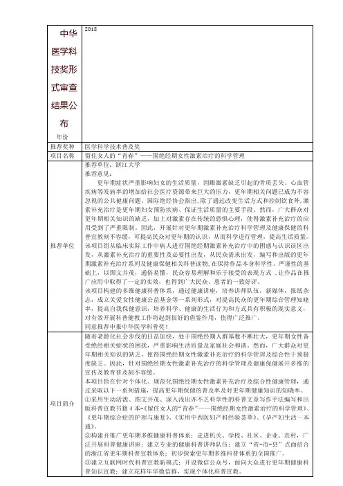 中华医学科技奖形式审查结果公布年份2018推荐奖种医学科学技术