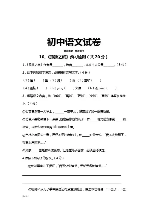 人教版九年级上册语文10、《孤独之旅》预习检测及答案