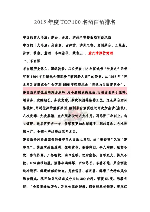 2015年度TOP100名酒白酒排名