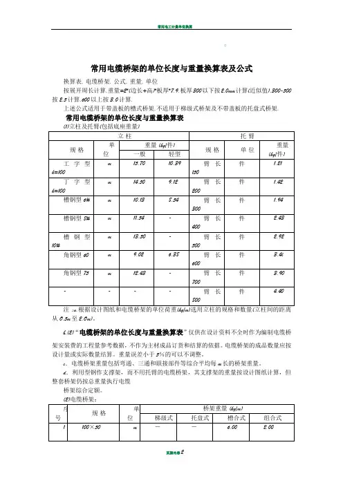常用电缆桥架的单位长度与重量换算表