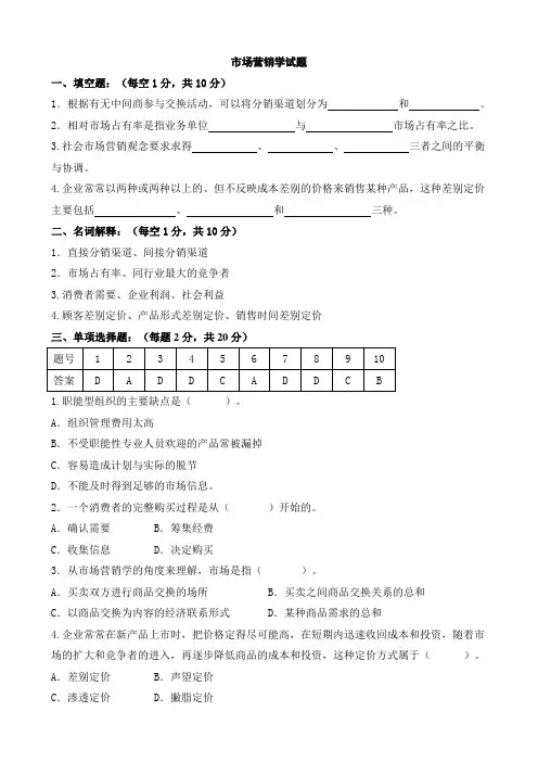 市场营销学试题及答案