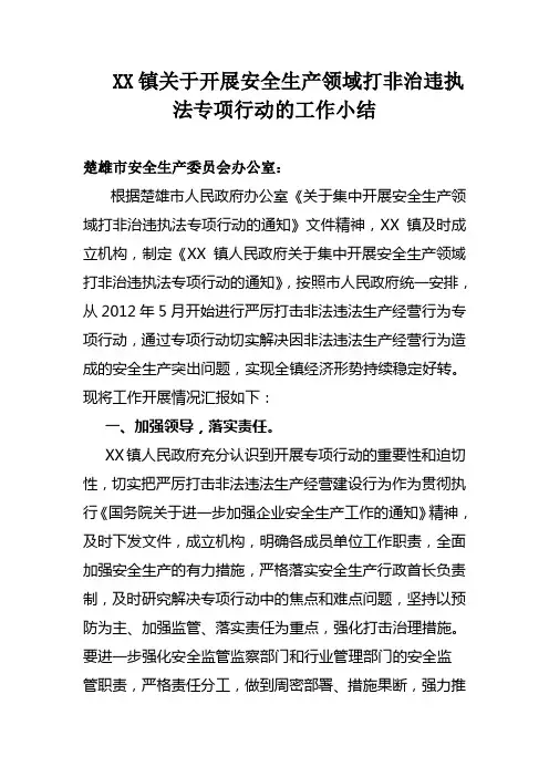 XX镇关于开展安全生产领域打非治违执法专项行动的工作小结