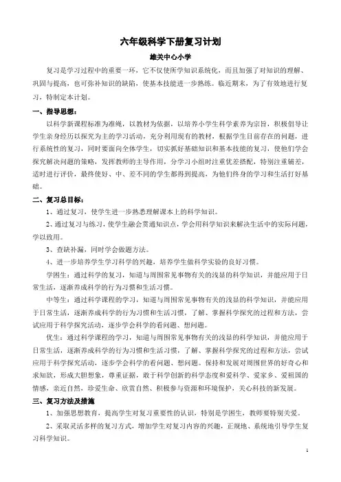 复习计划--科学六年级下册