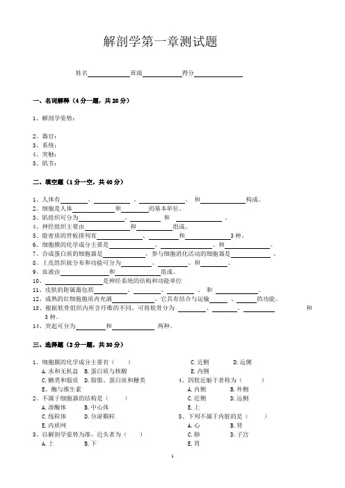解剖第一章测试题