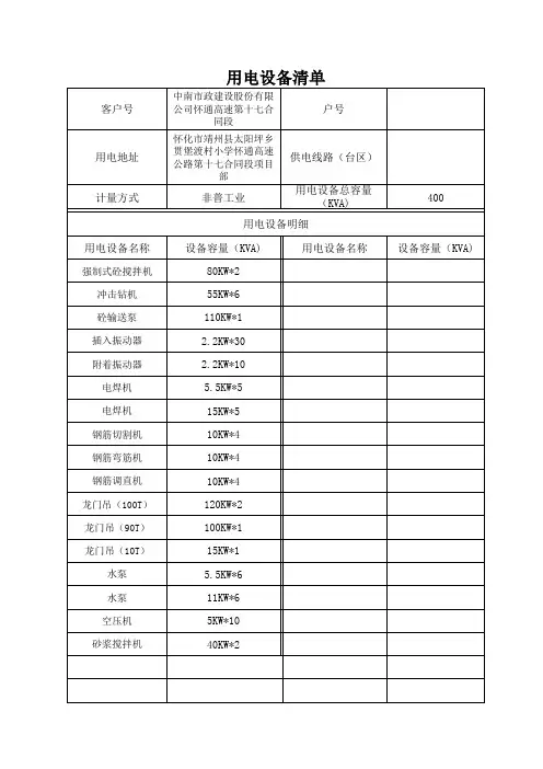用电设备清单