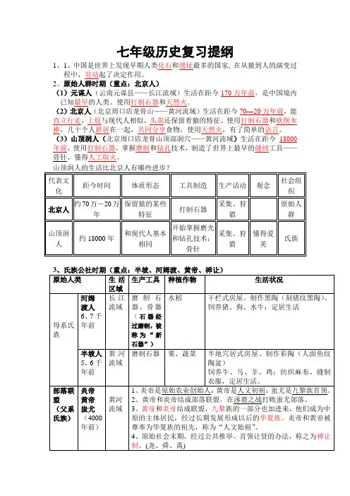 七年级历史期中考试复习提纲
