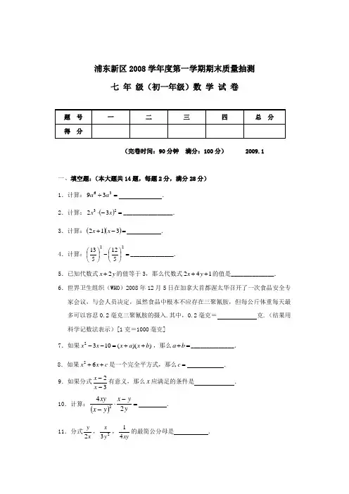 上海市浦东新区2008年第一学期七年级数学期末考试试卷12.31
