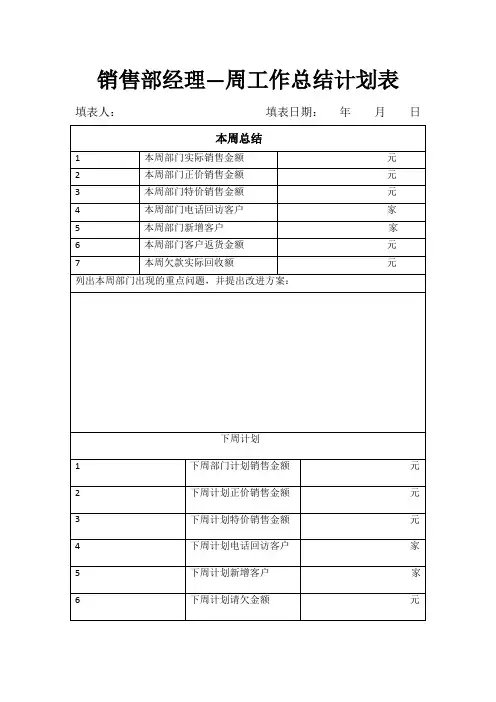 销售部经理周工作总结计划表