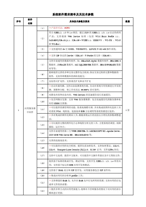 系统软件需求清单及其技术参数