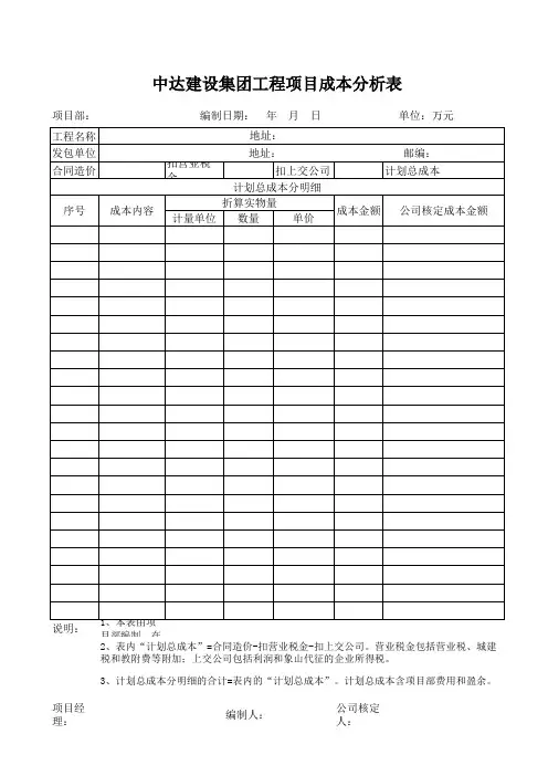 工程项目成本分析表模板