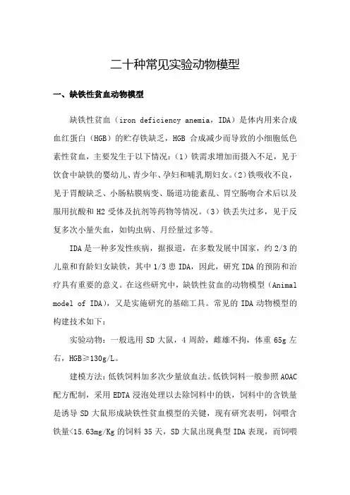 二十种常见实验动物模型