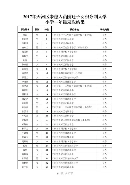 天河区来穗人员随迁子女积分制入学