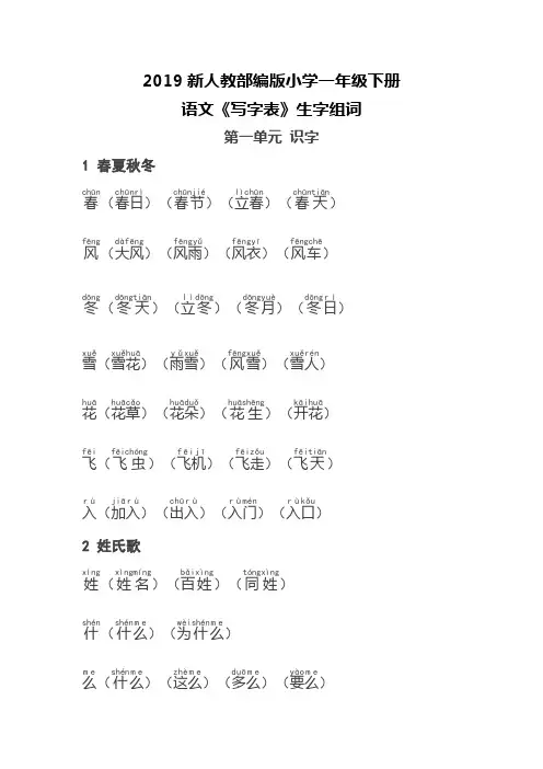 人教部编版小学一年级下册语文《写字表》生字组词带拼音