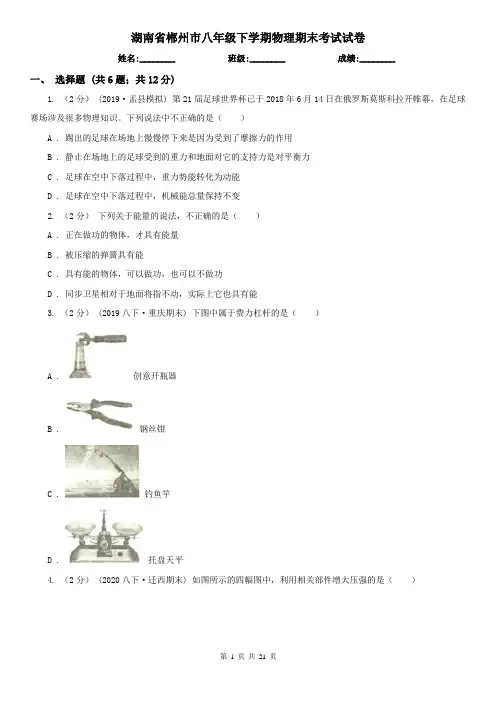 湖南省郴州市八年级下学期物理期末考试试卷