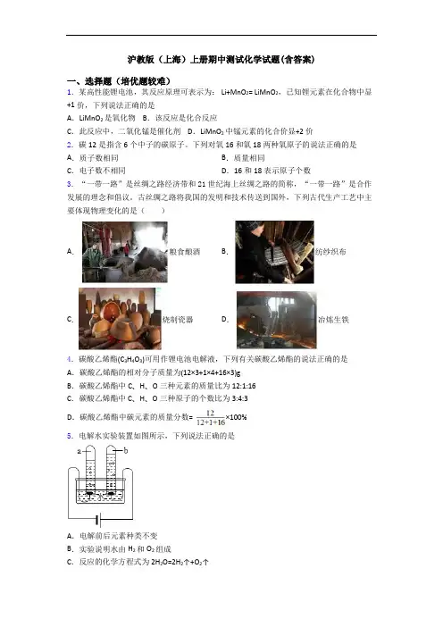 沪教版(上海)上册期中测试初三化学试题(含答案)