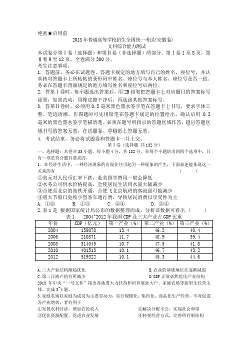 2013年安徽高考文综试题
