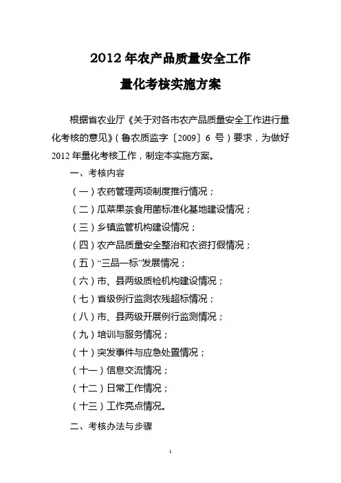 2012年农产品质量安全工作量化考核实施方案