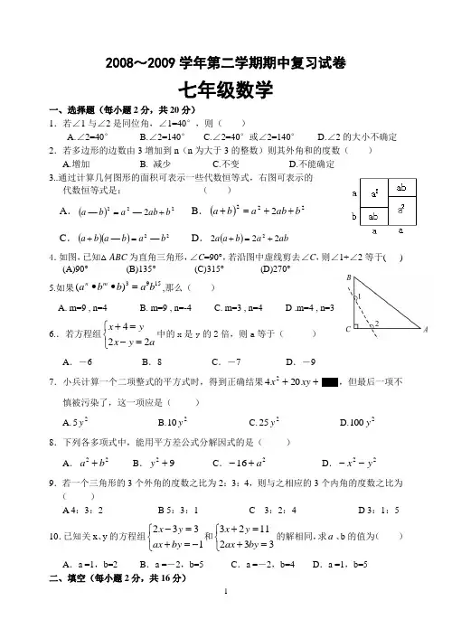 2008～2009学年第二学期期中复习试卷 七年级数学
