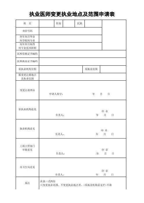 执业医师变更执业地点及范围申请表 2